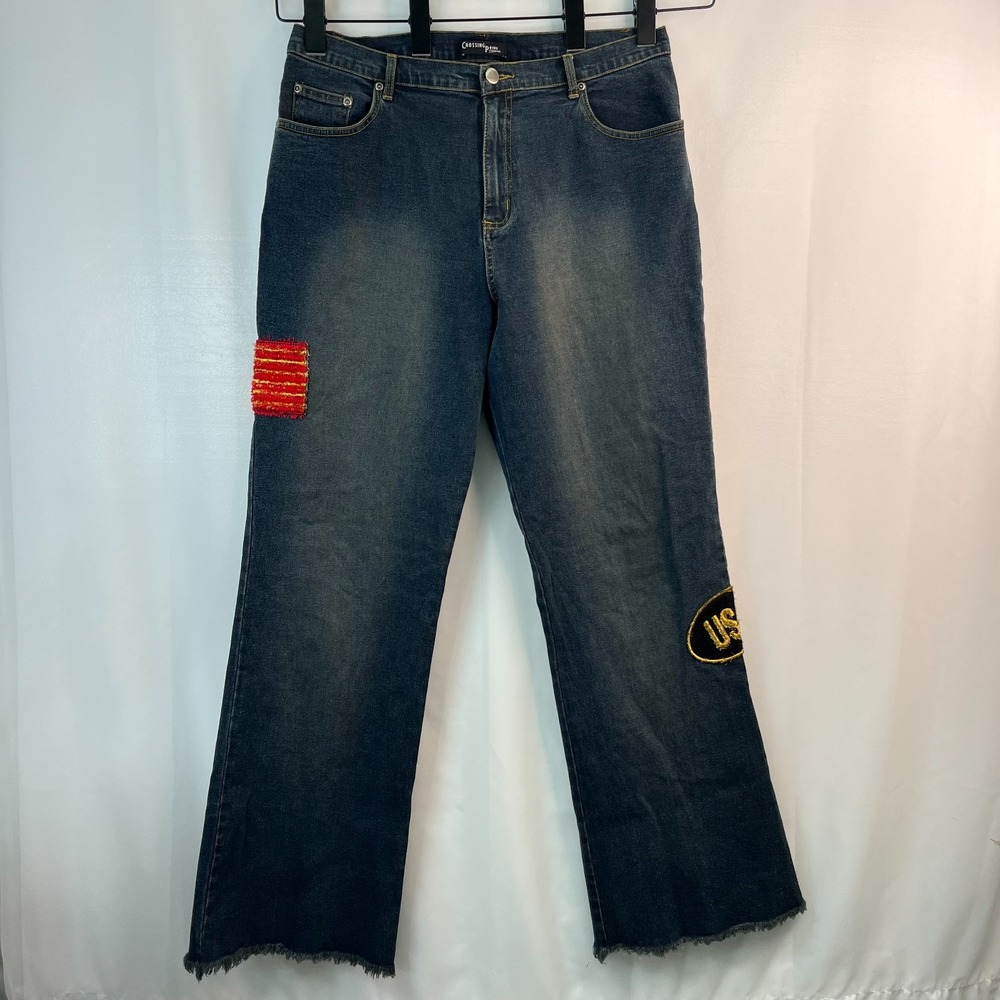 Crossing Pointe Jeans Women 12 Blue Denim USA Flag Patch Straight Raw Hem 0801